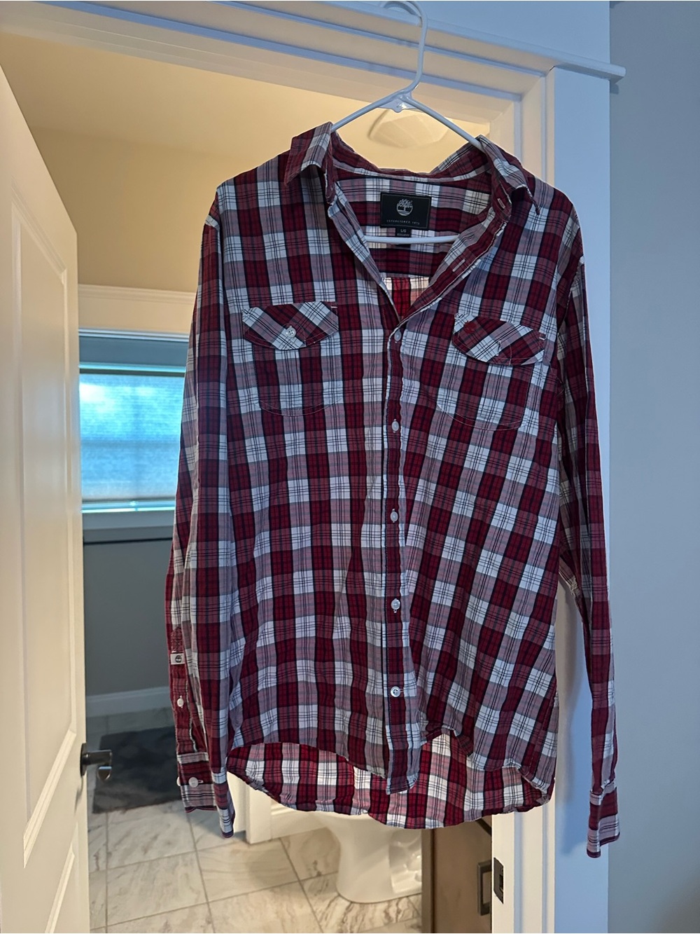 Timberland Red and White Plaid Button-Down Shirt